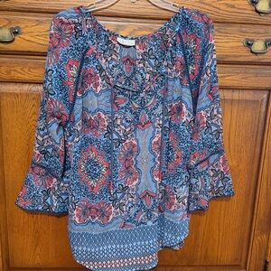 Boho Floral Women's Blouse in Blue and Red